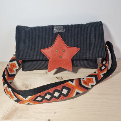 Sac à main pochette en Velours Côtelé NOIR Femme et sangle orange 