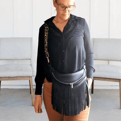 Sac Banane Femme en cuir Frange NOIR Anaïs - Vavounette&Co