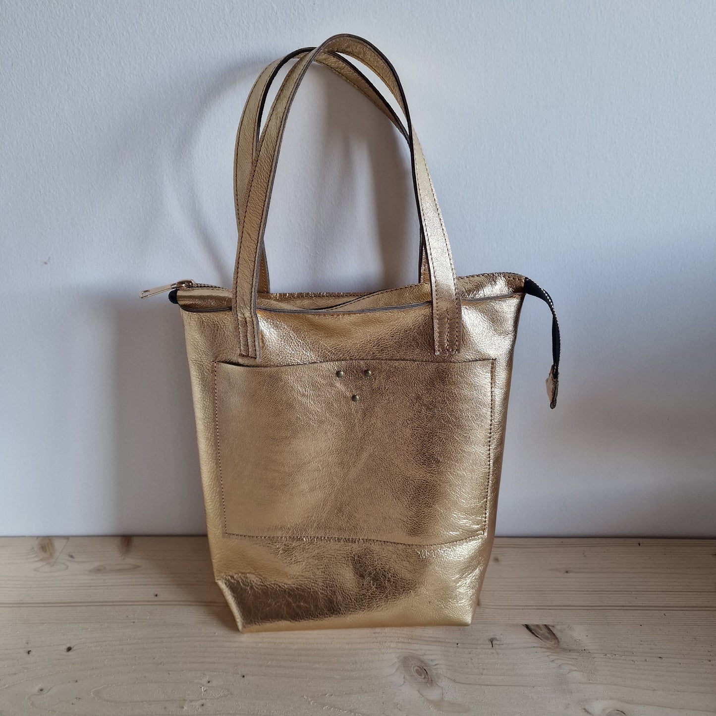 Sac Cabas Femme en cuir d'agneau DORÉ Métallisé Zippé