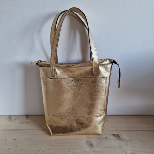 Sac Cabas Femme en cuir d'agneau DORÉ Métallisé Zippé