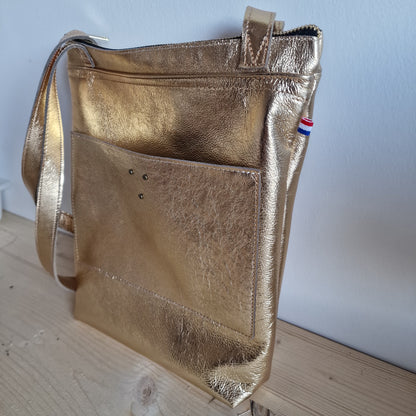 Sac Cabas Femme en cuir d'agneau DORÉ Métallisé Zippé, Long