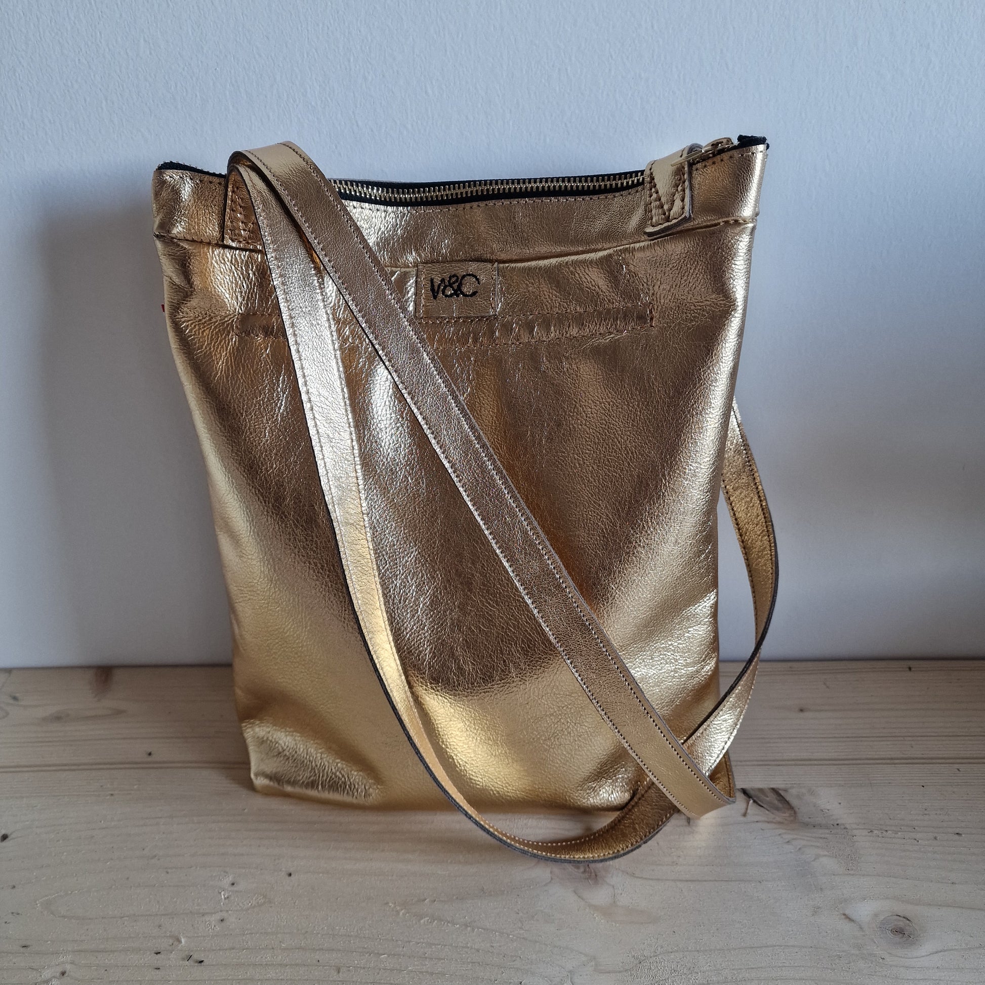 Sac Cabas Femme en cuir d'agneau DORÉ Métallisé Zippé, Long