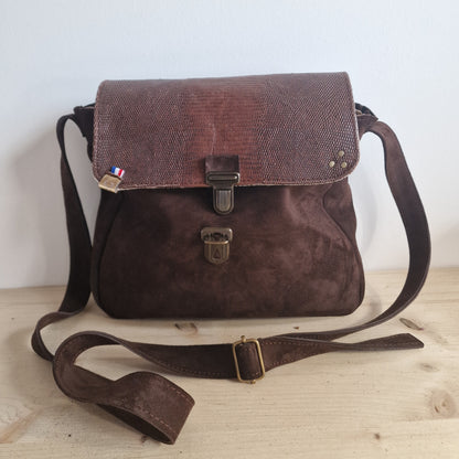 Sac Besace Femme en Cuir MARRON Chocolat et Rabat en cuir Croco