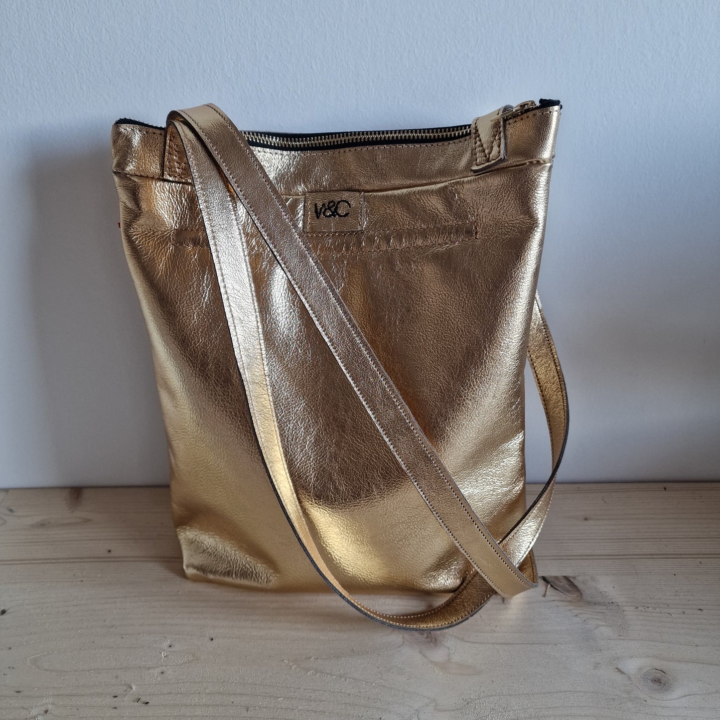 Sac Cabas Femme en cuir d'agneau DORÉ Métallisé Zippé, Long